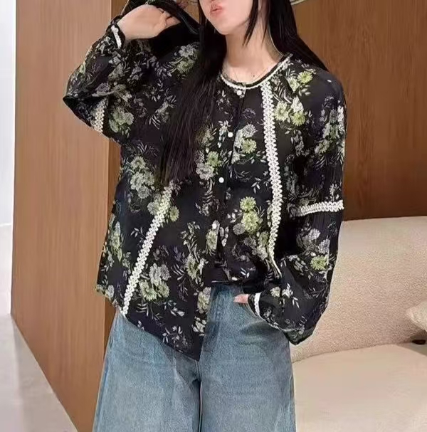 凤姐定制 {繁花} F0062025007 时尚小众新款网纱花朵长袖圆领衬衫