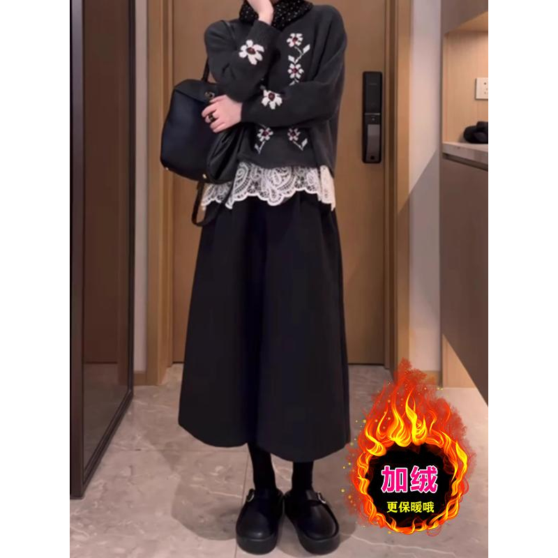 黑色七分裤休闲裤女高腰显瘦秋冬加绒加厚网红款高级感阔腿裤子