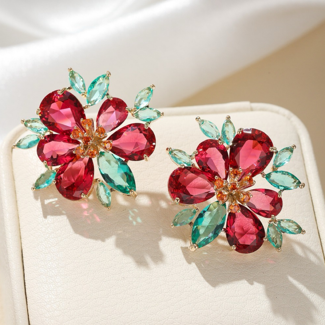 铜合金合成锆石耳饰 2548高级轻奢时尚中古款花朵耳环