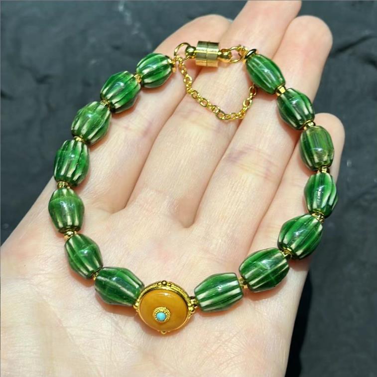 合金琉璃手链 【千年古珠老物件】YS8880 绿色白色桶珠手链