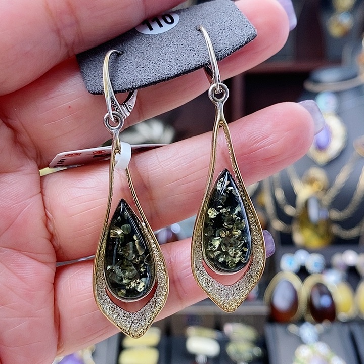 琥珀耳饰银S925镶嵌耳环