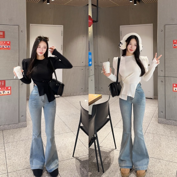 【TX】定制设计款加绒泡泡袖T恤/浅蓝高腰加绒弹力牛仔喇叭裤