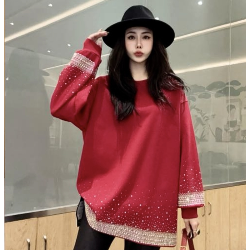 S613潮牌时尚个性弹力复合贡棉重工烫钻宽松灯笼袖大版打底衫