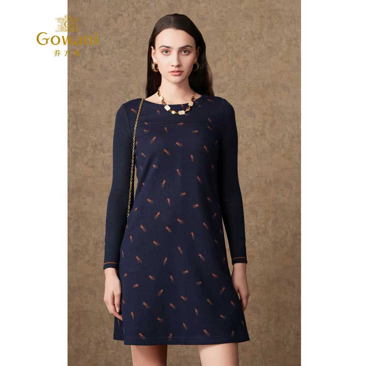 乔万尼秋季连衣裙黑色绵烫钻礼裙圆领修身长裙印花秋冬ES4E301