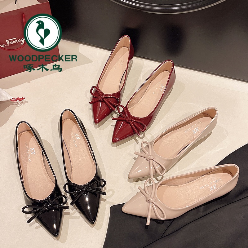 啄木鸟法式红色蝴蝶结尖头内增高单鞋女2025新款浅口女一脚蹬平底