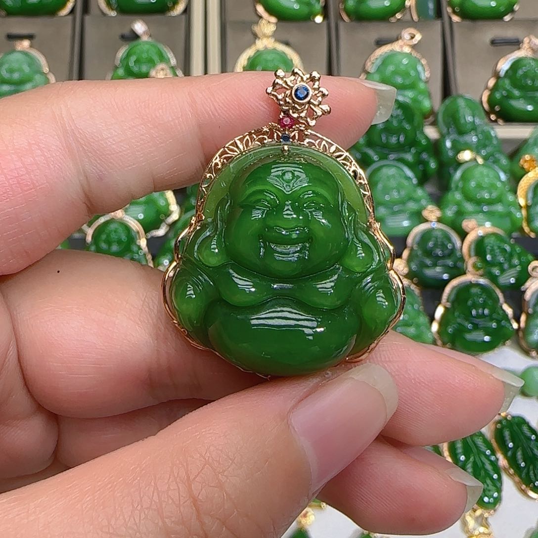 和田玉（碧玉）吊坠(不含链)18K金镶嵌