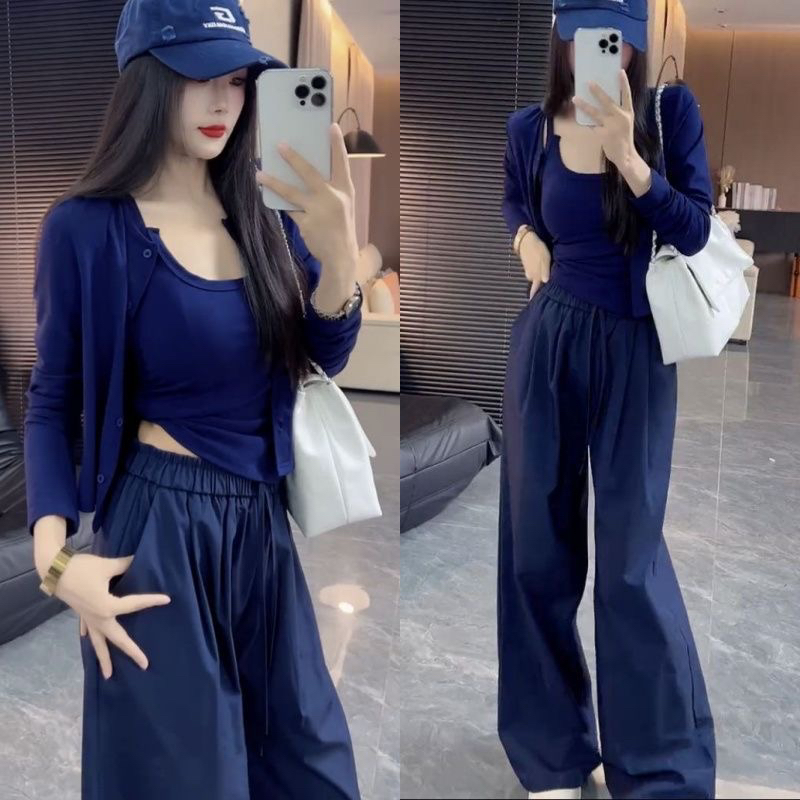 秋季女款吊带背心长袖开衫阔腿裤休闲套装三件套超显白显瘦