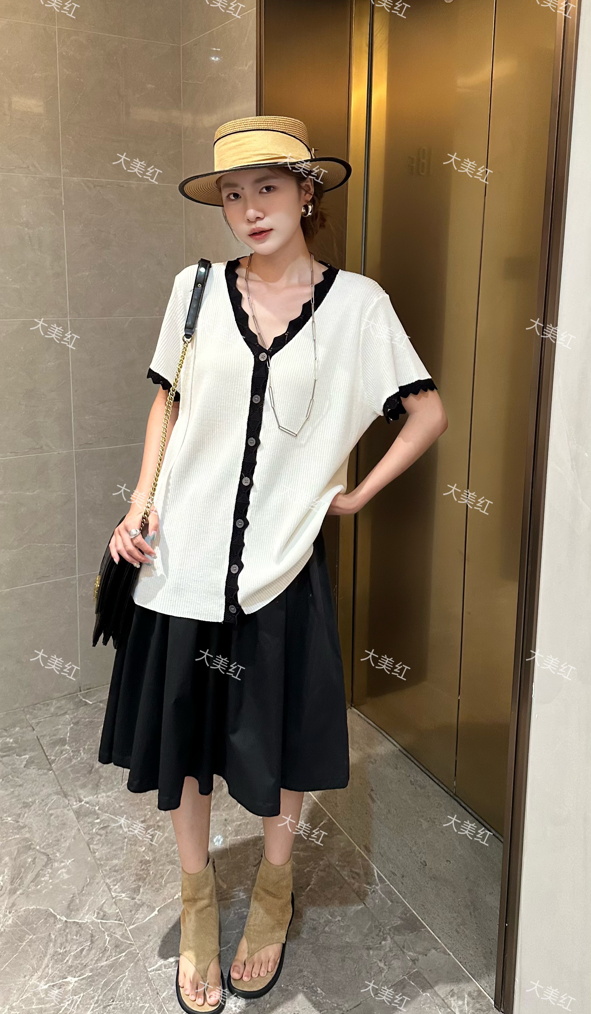 【2025新款】波浪边条短袖开衫显瘦气质时尚休闲夏季减龄洋气百搭