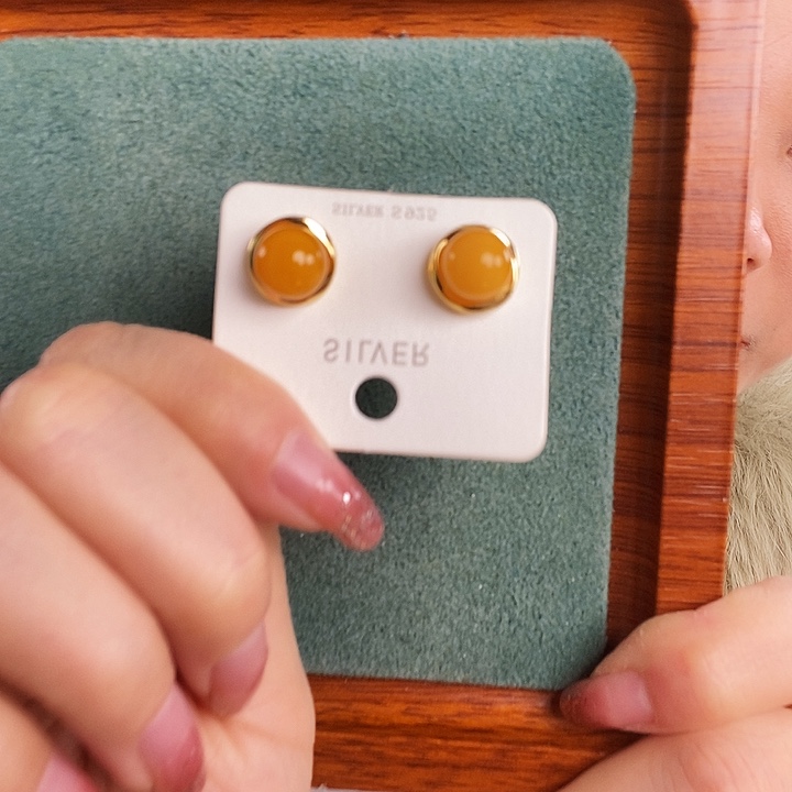 蜜蜡银S925镶嵌耳饰耳钉