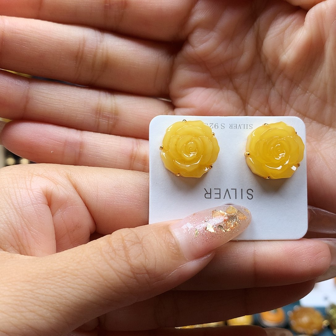 银S925镶嵌蜜蜡耳饰耳钉