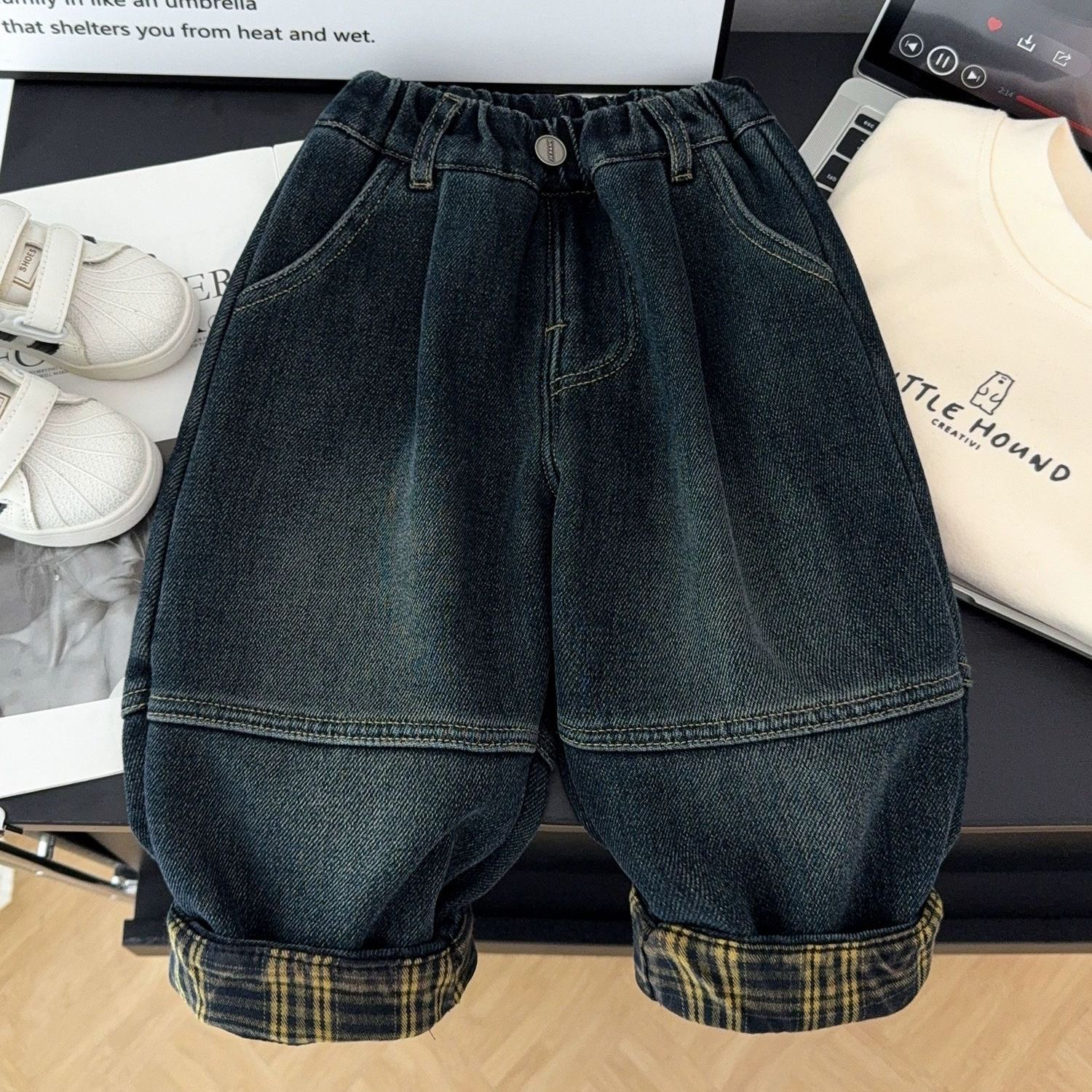 儿童加绒裤子秋冬款男童韩版一体绒牛仔裤宝宝洋气春秋裤子百搭潮