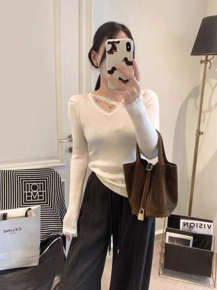 SHYU秋冬新款韩系V领蕾丝拼接针织衫女修身显瘦百搭上衣5516