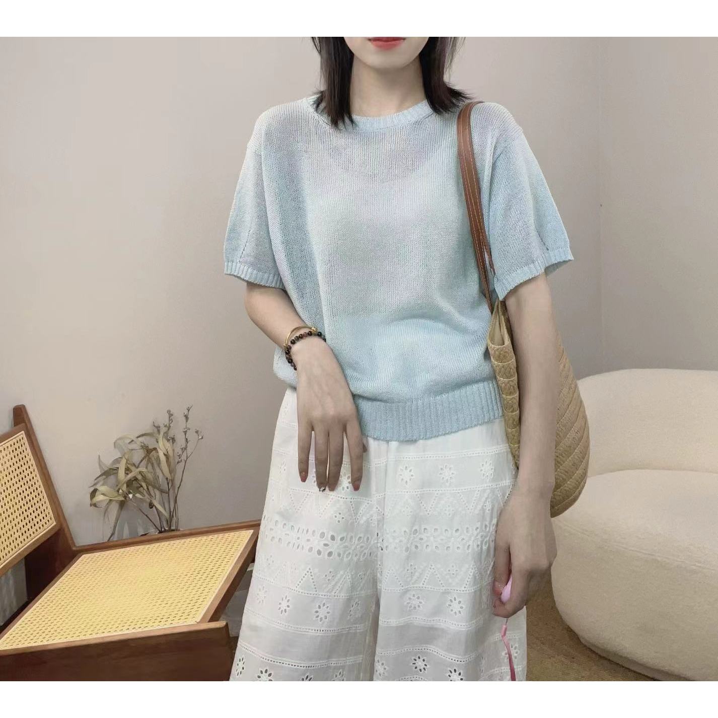 相菲一夏季新款短袖和纸针织衫短袖女装 简约通勤圆领纯色T