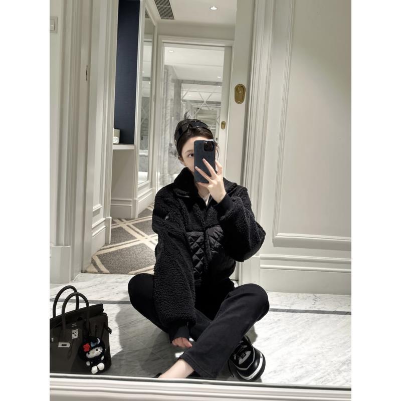 智秀同款Sherpa Edge菱格纹纯色拼接立领百搭飞行员明星夹克外套