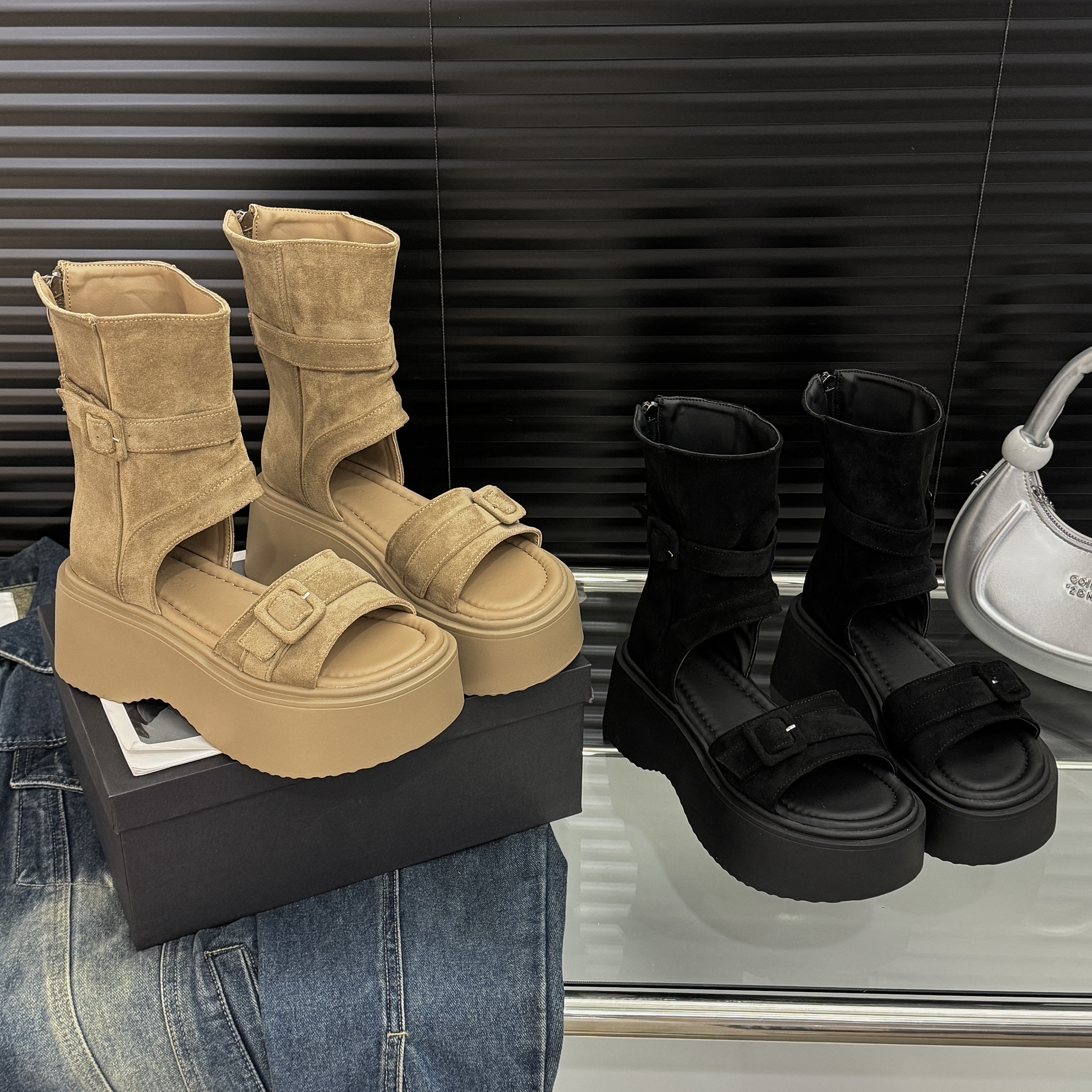 Damsel-厚底罗马凉靴女2025新款夏季时尚露趾高帮凉鞋小个子短靴