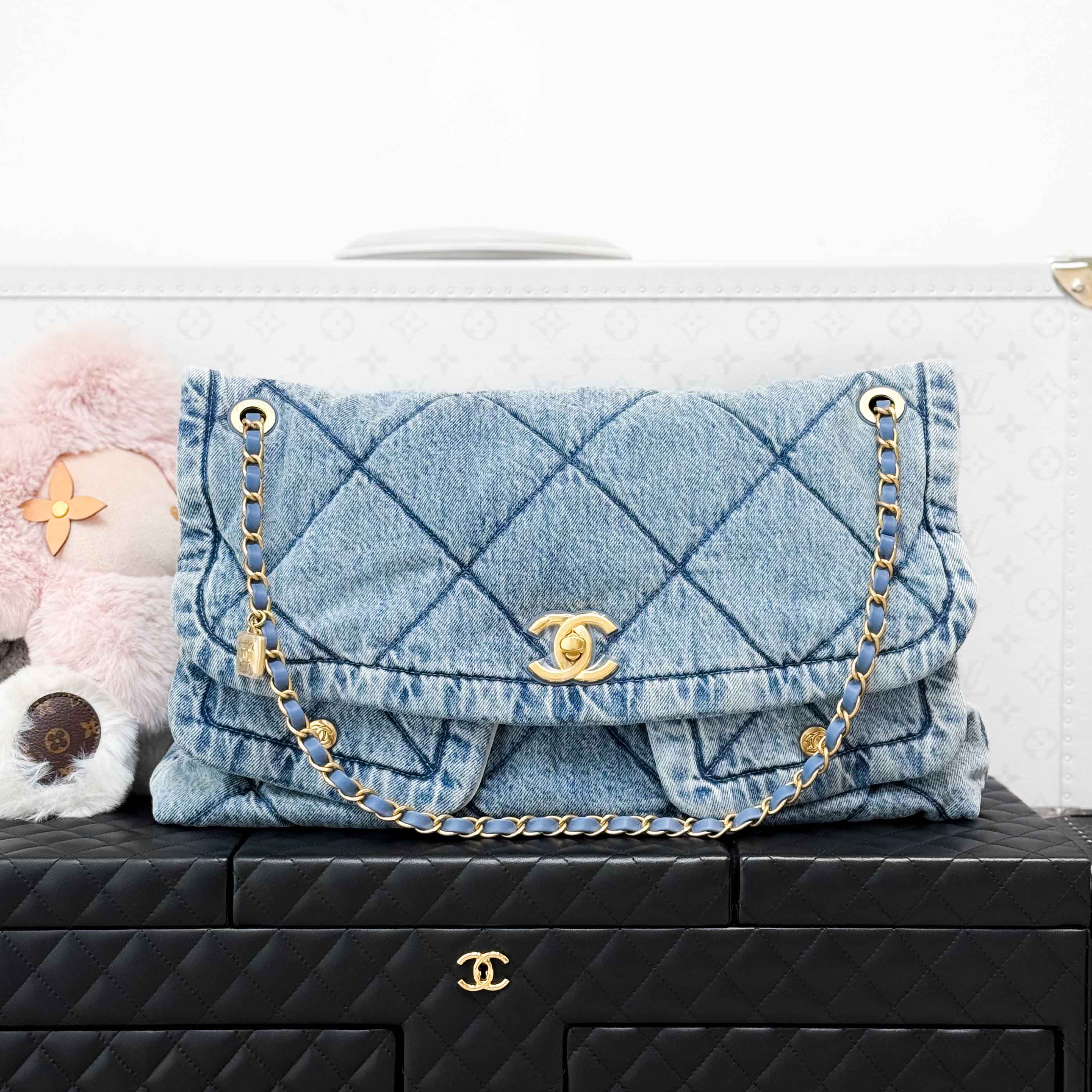 99新 Chanel/香奈儿 25K蓝色牛仔丹宁金扣翻盖双口袋hobo链条包