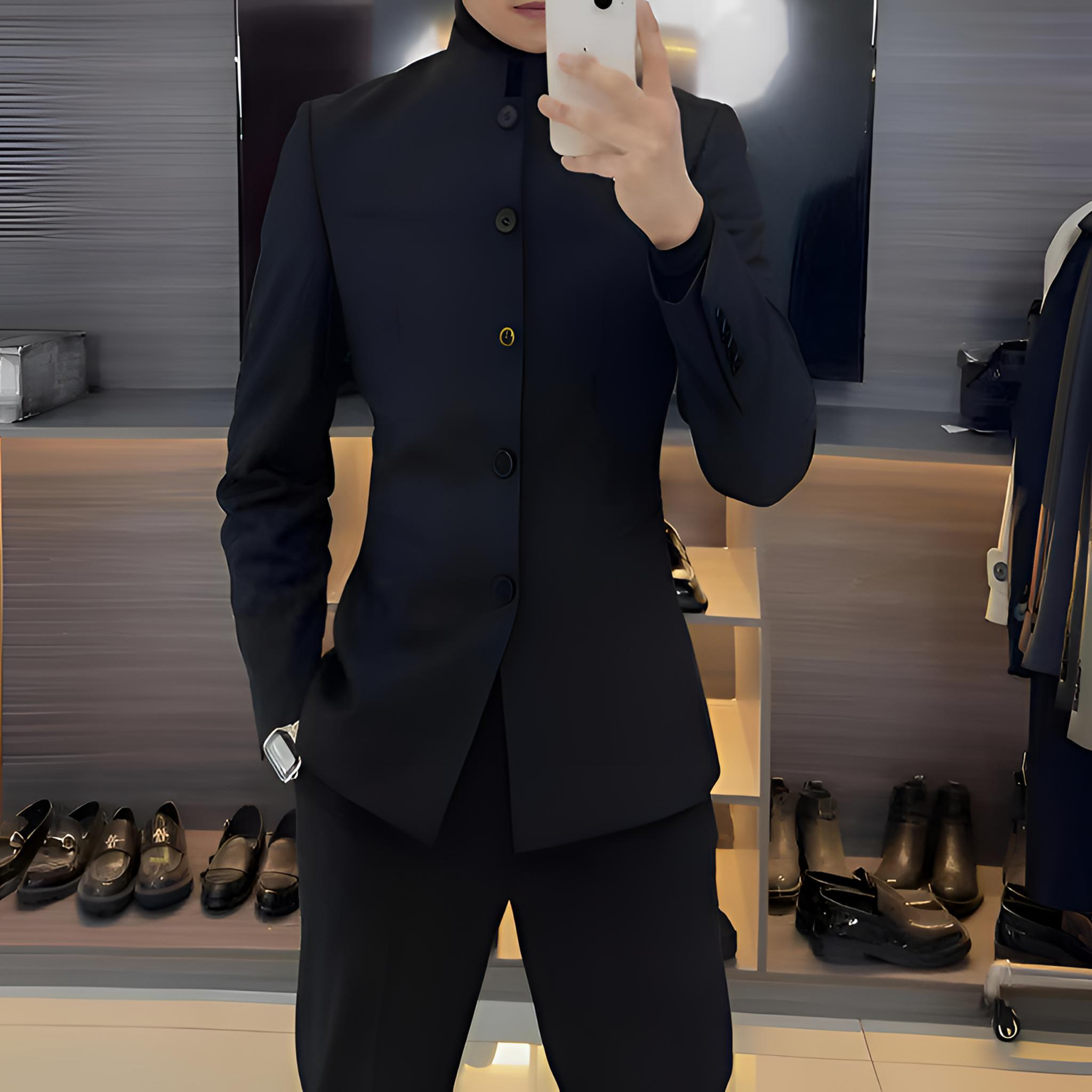 高级感新中式国潮立领修身黑色西装中山西装 中山装