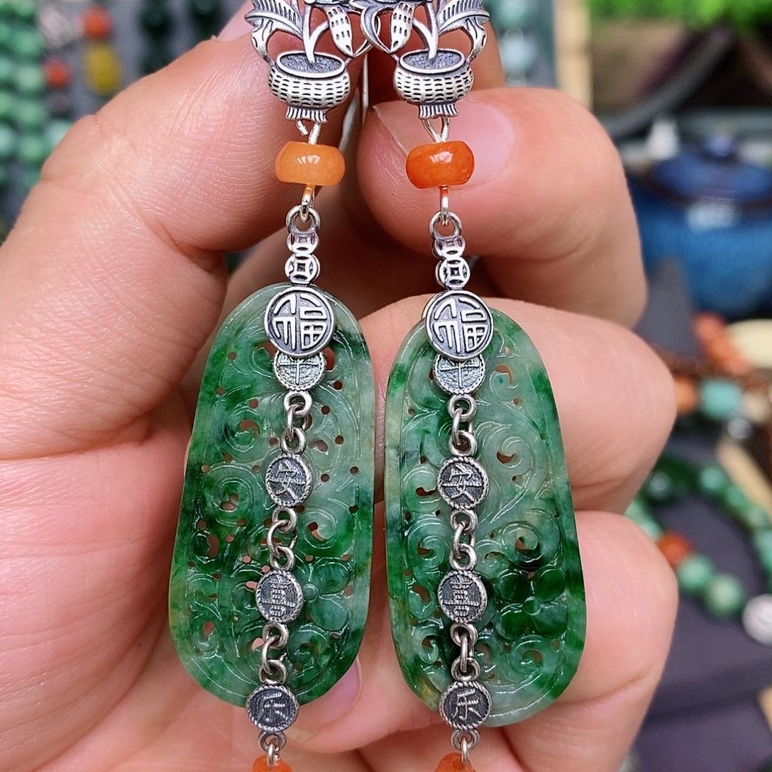 翡翠耳饰银S925镶嵌漂亮美眉