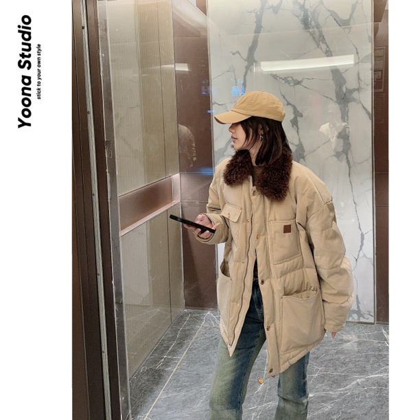 【U娜】冬季浮光宽松大版翻领羽绒服外套