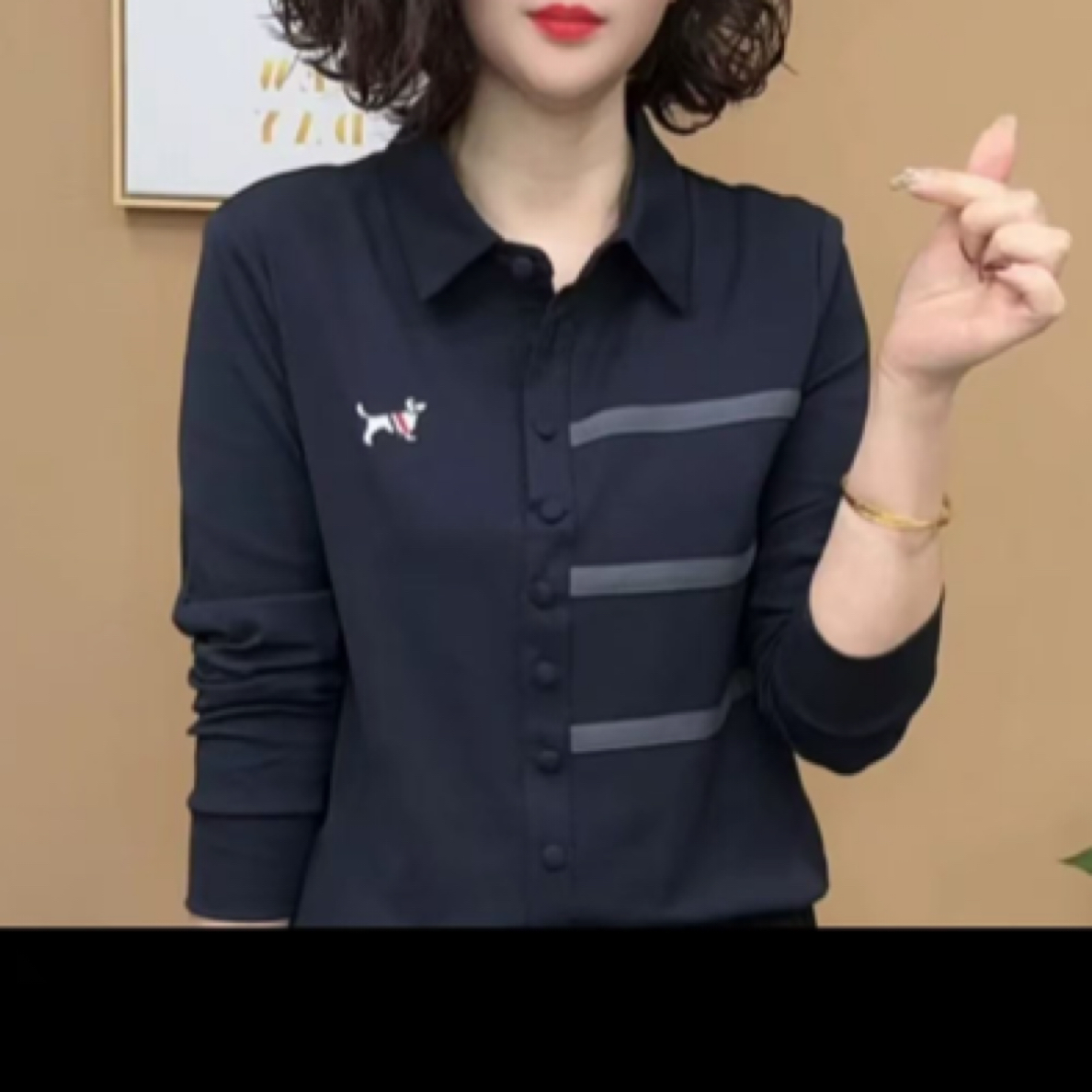 极简风显瘦POLO领长袖衬衫女常规薄款修身型气质上衣刺绣小狗T恤