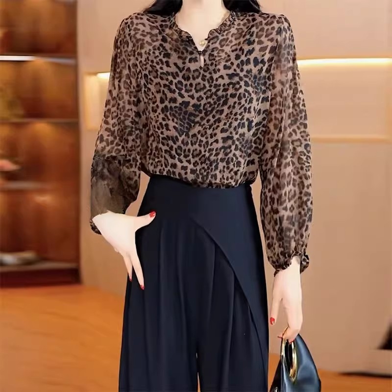 9015时尚洋气豹纹长袖套头衬衫女春夏新款宽松显瘦百搭妈妈装衬衣
