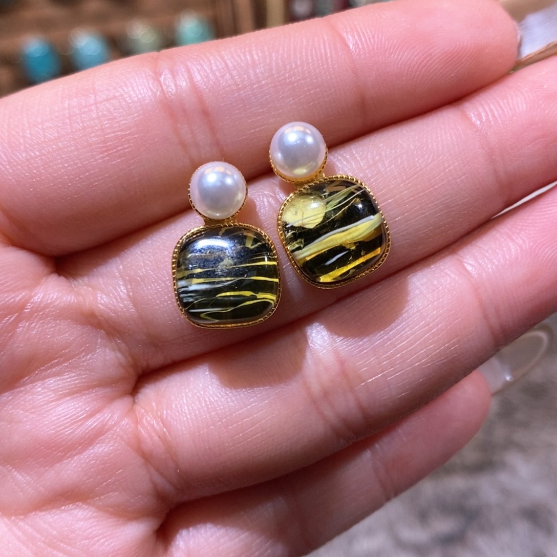 琥珀耳饰银S925镀金镶嵌耳钉