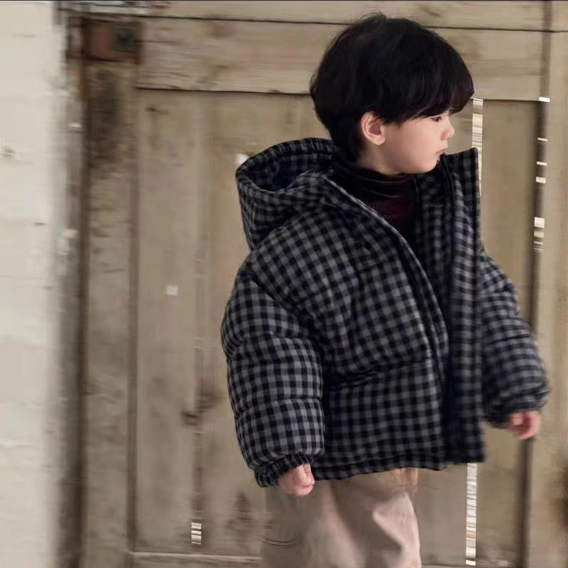 男童韩版棉服加厚保暖外套秋冬季2025新款儿童宝宝连帽格子棉衣潮