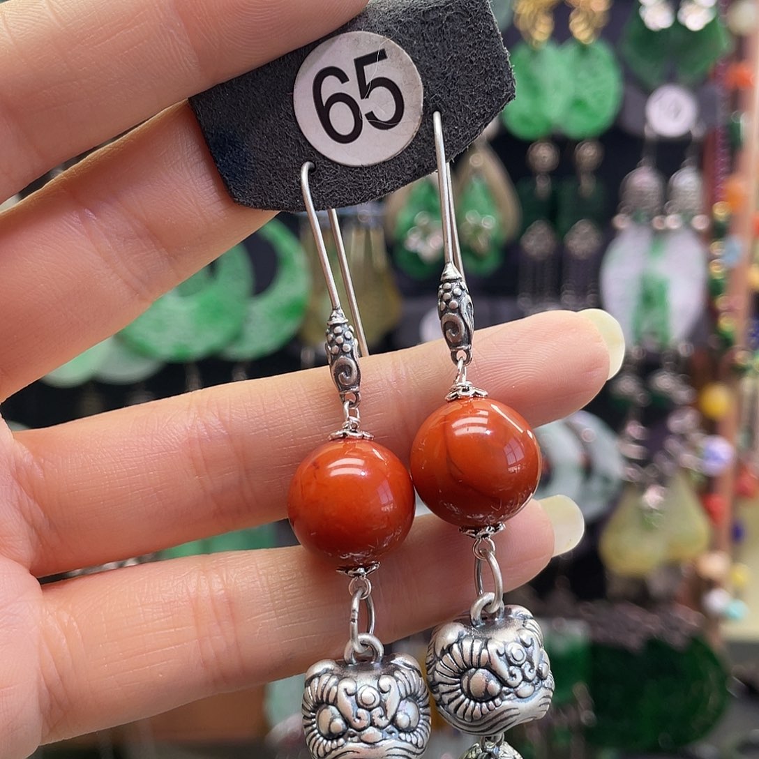 一***城南红玛瑙银S925镶嵌耳饰958hnhj