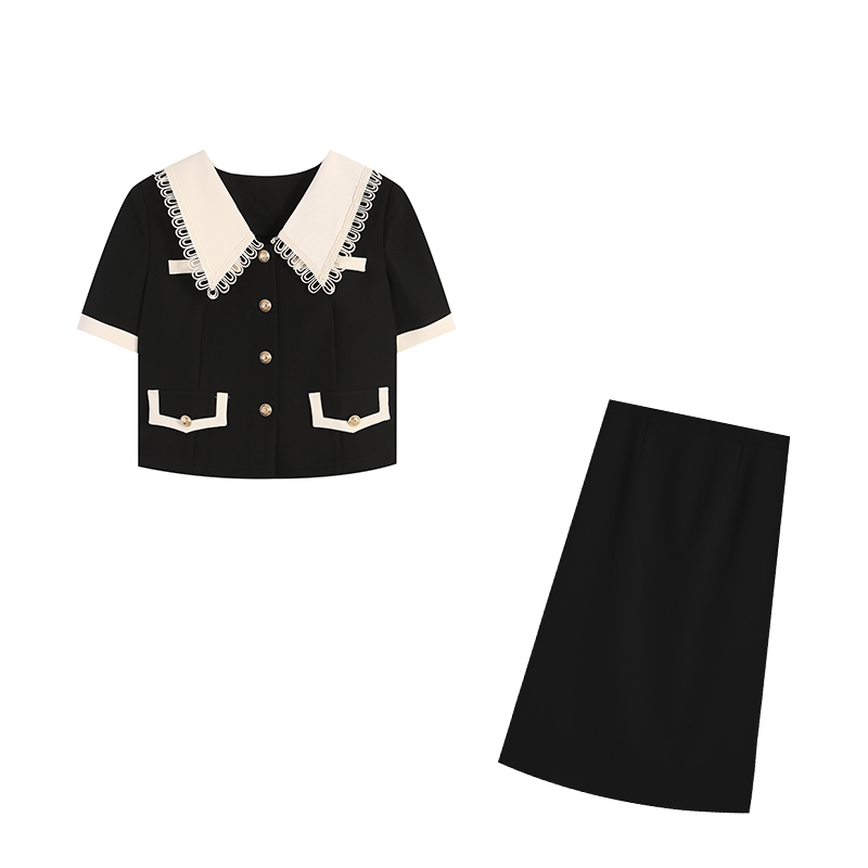 五季家夏季新款小香风短袖外套高腰黑色a字半身裙套装ZL105115