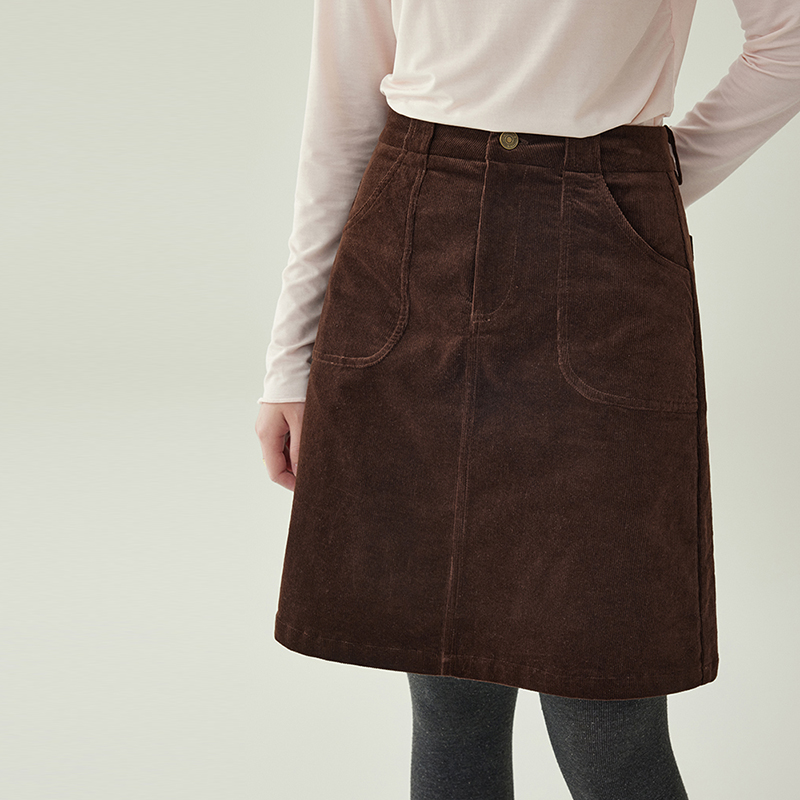「北岛AMUU原创」深棕色灯芯绒a字半身裙女秋冬新款刺绣口袋短裙