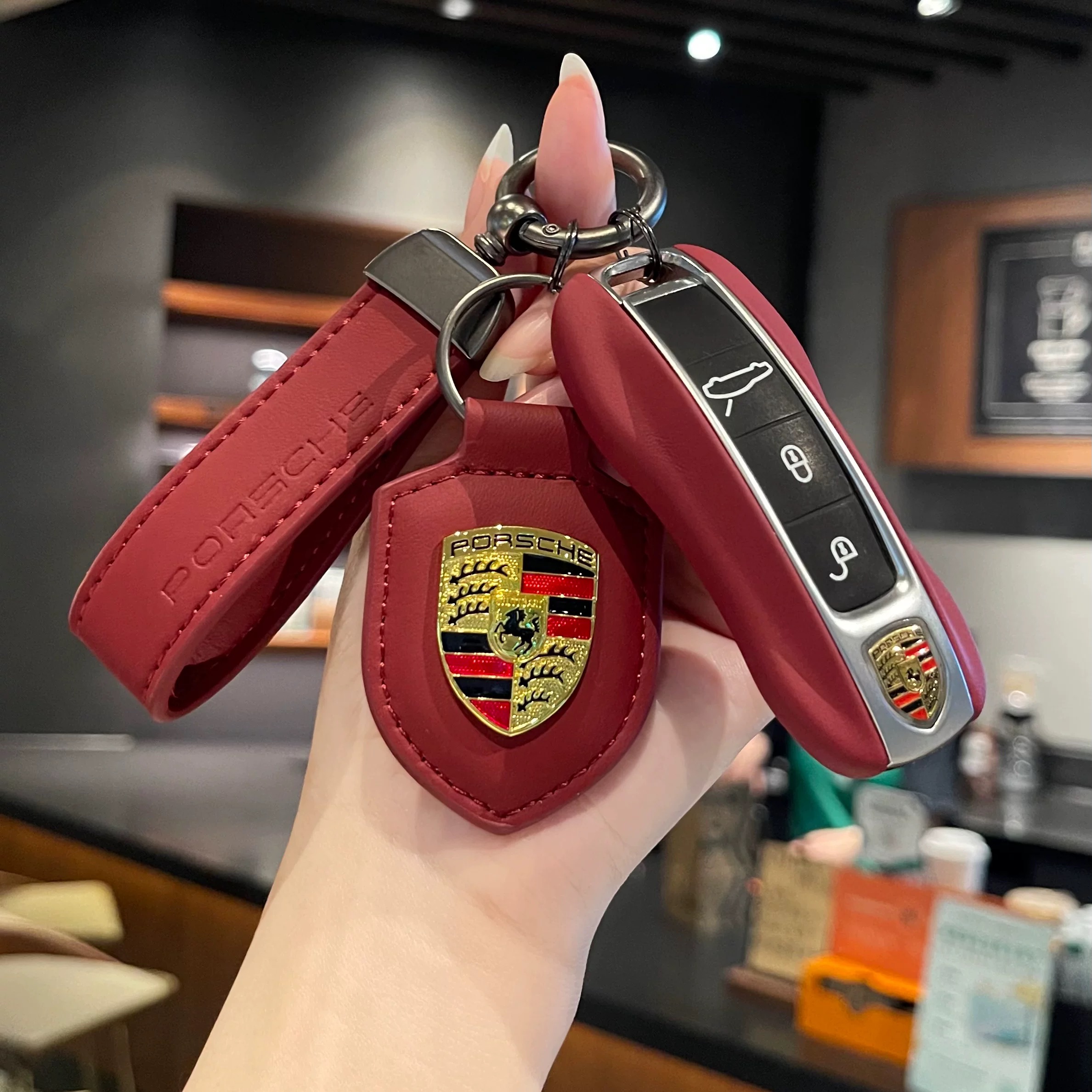 保时捷波尔多红真皮车钥匙壳替换壳帕拉梅拉卡宴Macan911 718 