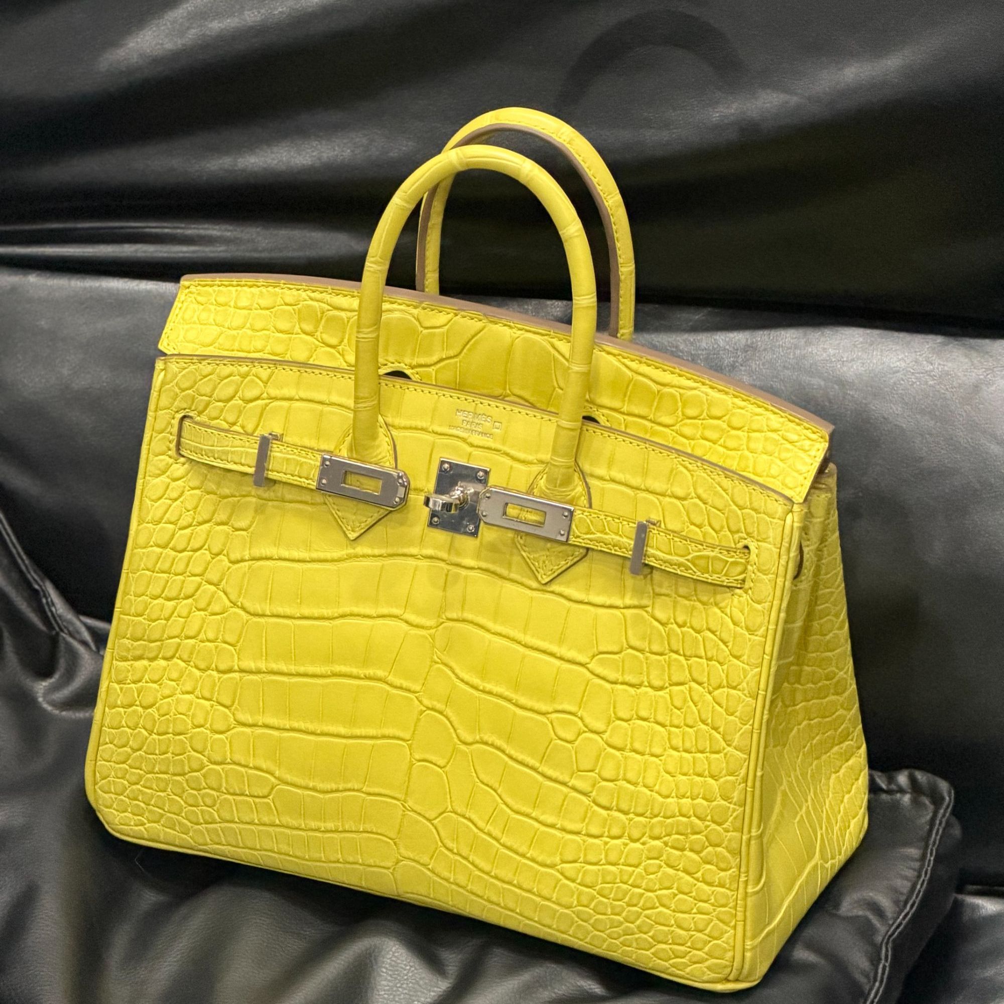 99新 Hermes/爱马仕 birkin25 金盏花黄 银扣 方块雾面鳄 C刻