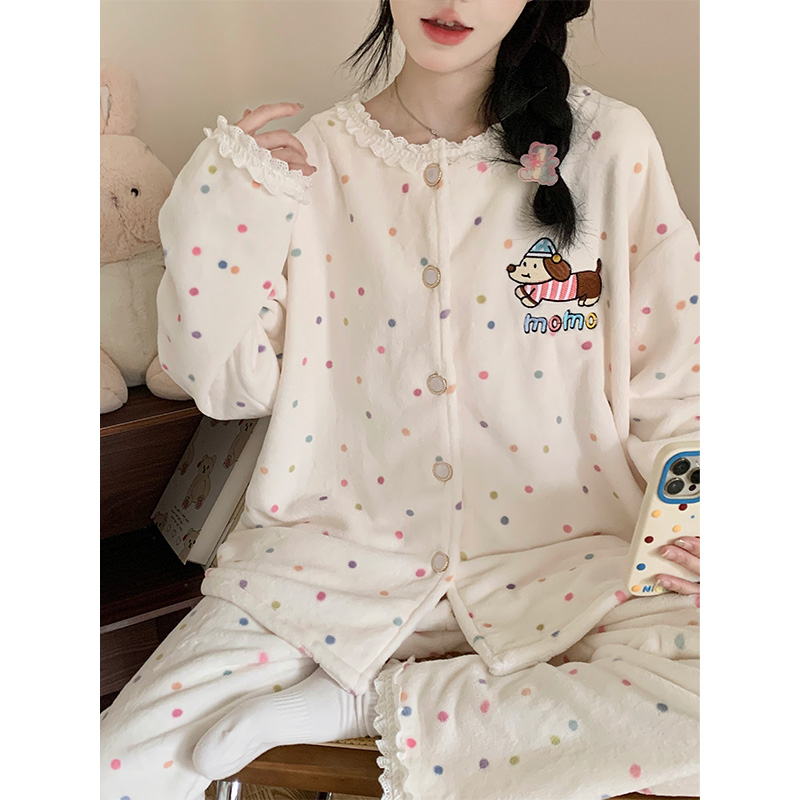 芯语婷秋冬季新款彩色波点腊肠狗法兰绒女加厚保暖甜美卡通家居服