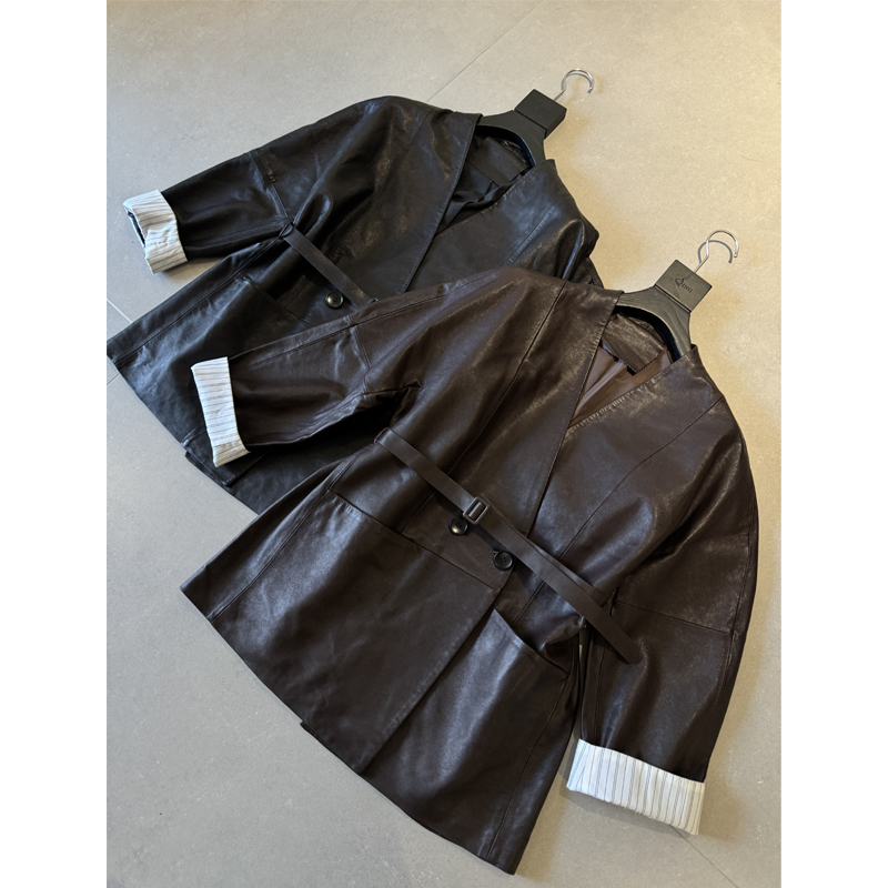 JING2025春季新款66011真皮收腰气质西装夹克翻领皮衣外套女装