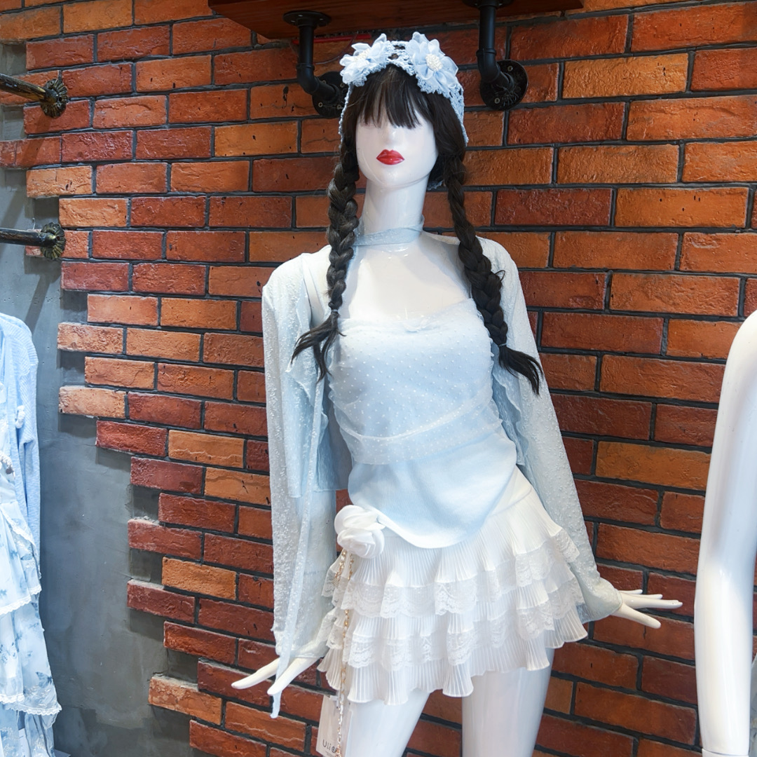 飘带开衫两件套,蕾丝拼接蛋糕短裙