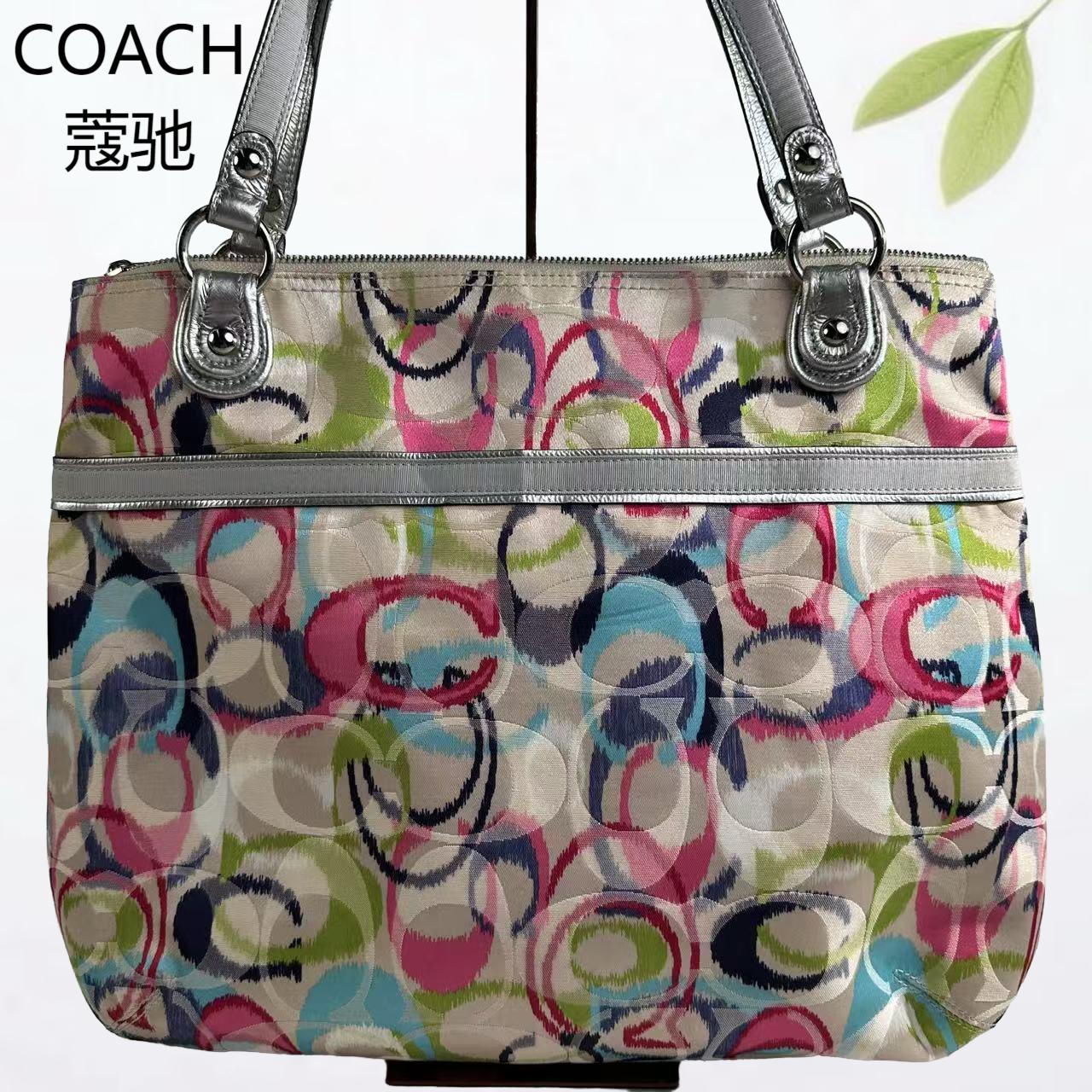 95新 COACH/蔻驰 老花帆布彩色单肩包G25803818底长39X37