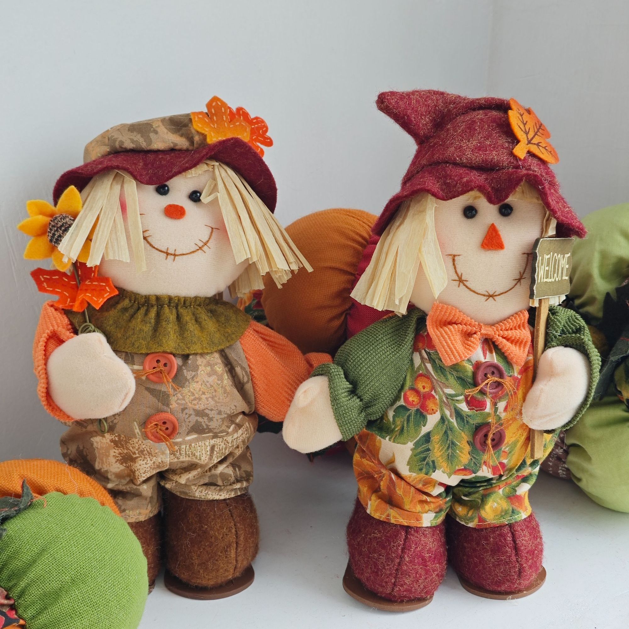 中古娃娃丰收节秋天复古稻草人娃娃公仔摆件24cm站姿向日葵欢迎牌