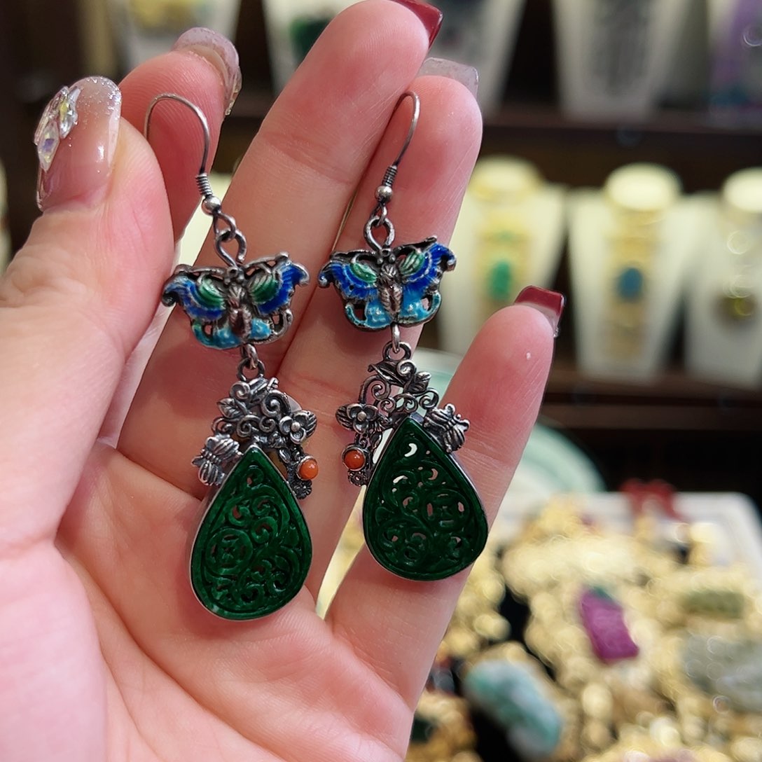 翡翠耳饰银S925镶嵌耳环