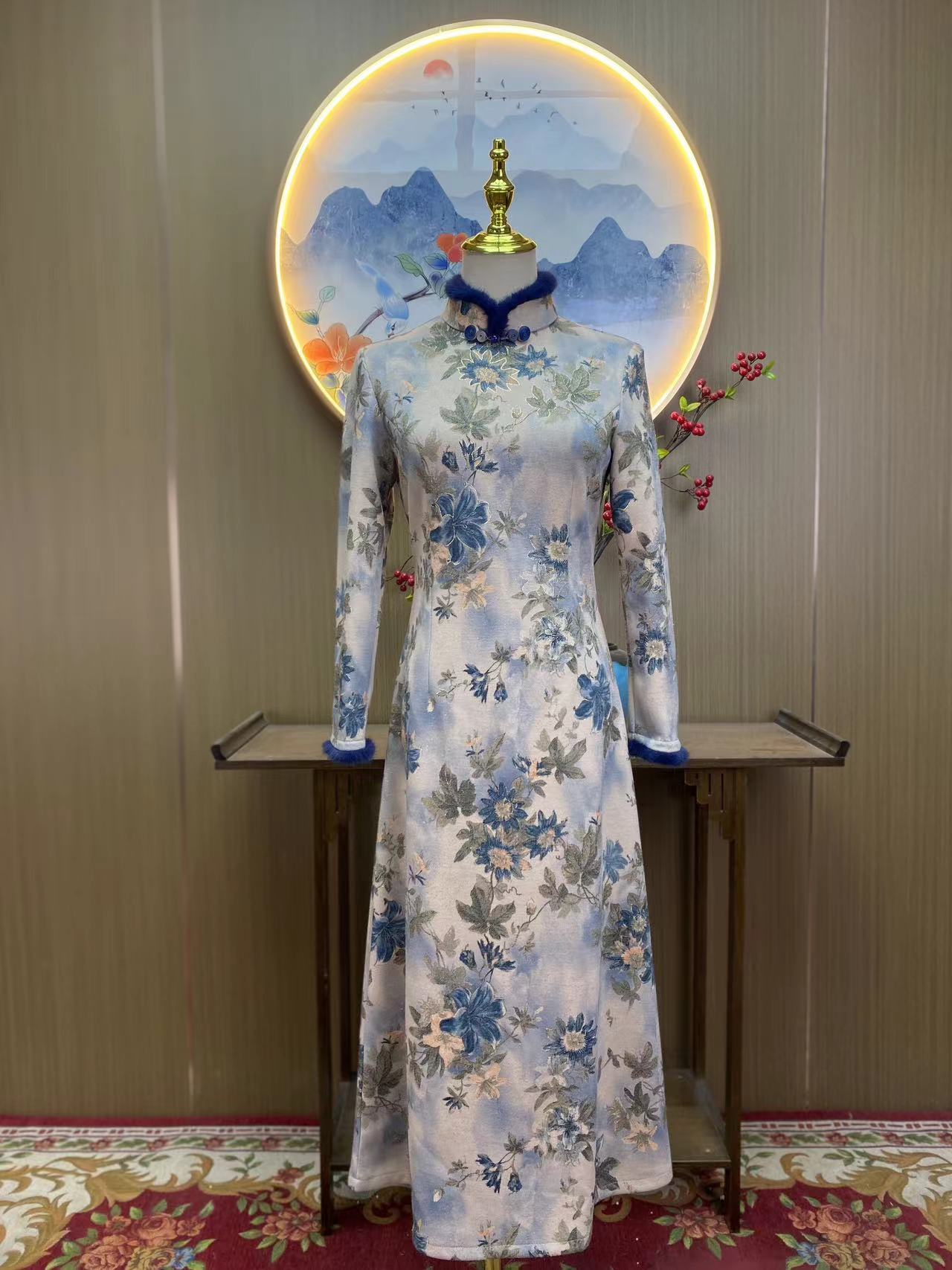 香水百合 国风日常气质优雅显瘦长款改良旗袍安诗歌