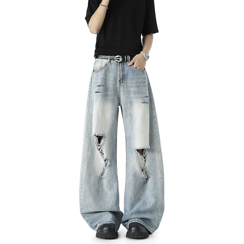 美式复古破洞弯刀牛仔裤男女宽松直筒阔腿薄款休闲牛仔裤情侣款潮