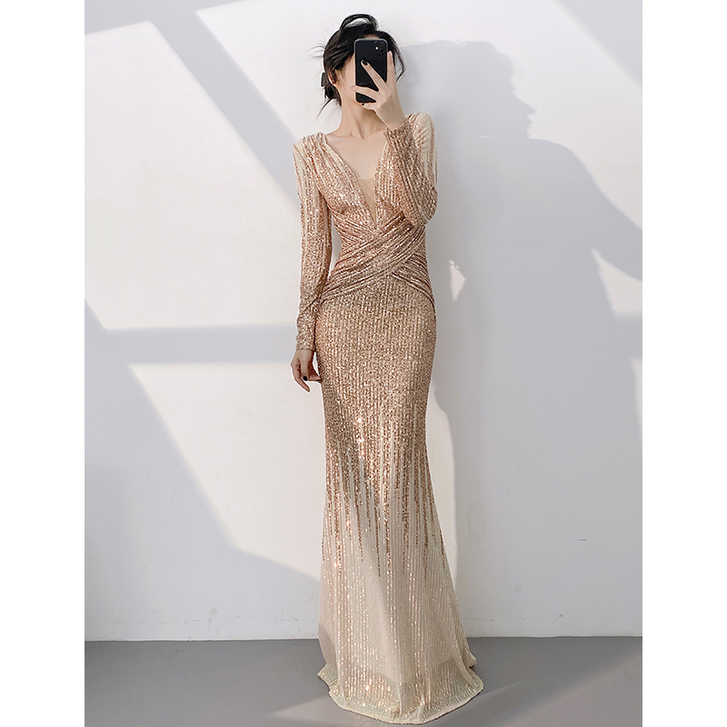 长袖晚礼服女2025新款高级感宴会气质绝美年会主持人鱼尾亮片长裙