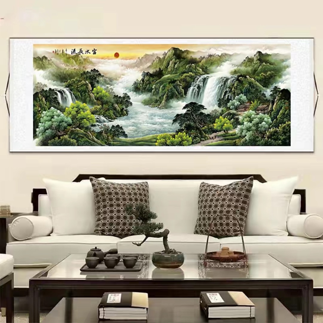 260*80《富水长流》横幅-客厅背景山水挂画
