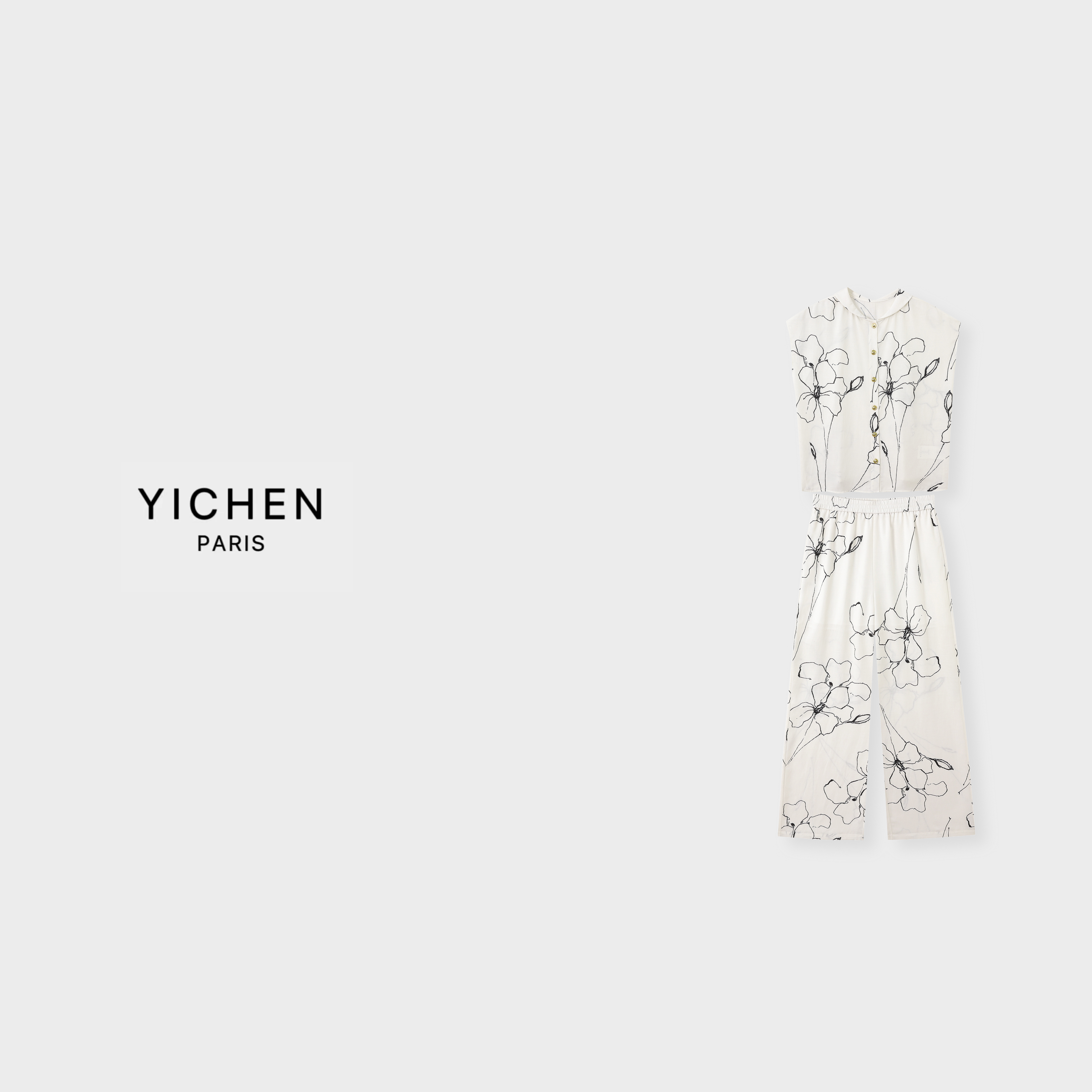 YC 老钱风L P印花图案无袖廓形亚麻套装-5158