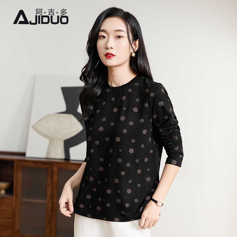 阿吉多A22611长袖t恤秋季新款休闲时尚百搭打底衫提花皱高级上衣