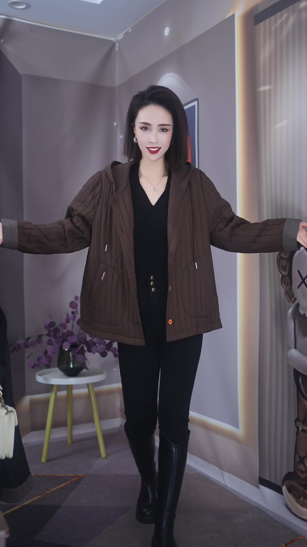 【上新定制】H.G355#女士新款减龄百搭黑色加绒加厚外套