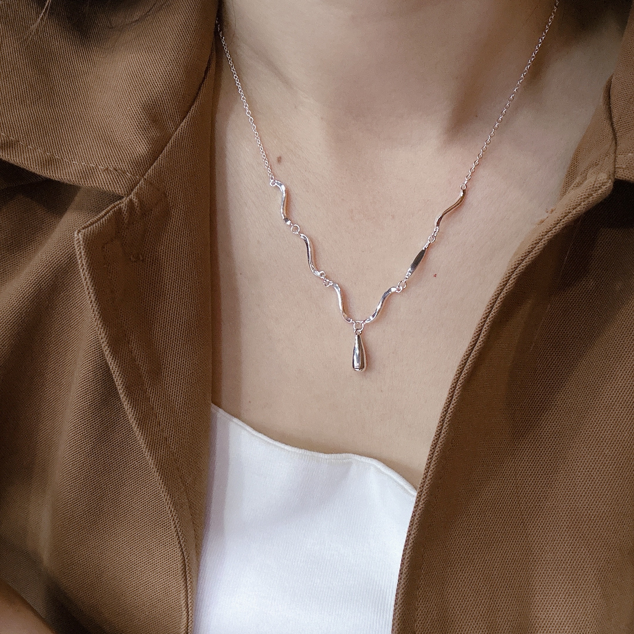坠链均足银 水滴项链套链足银990银链子新款个性气质小众轻奢