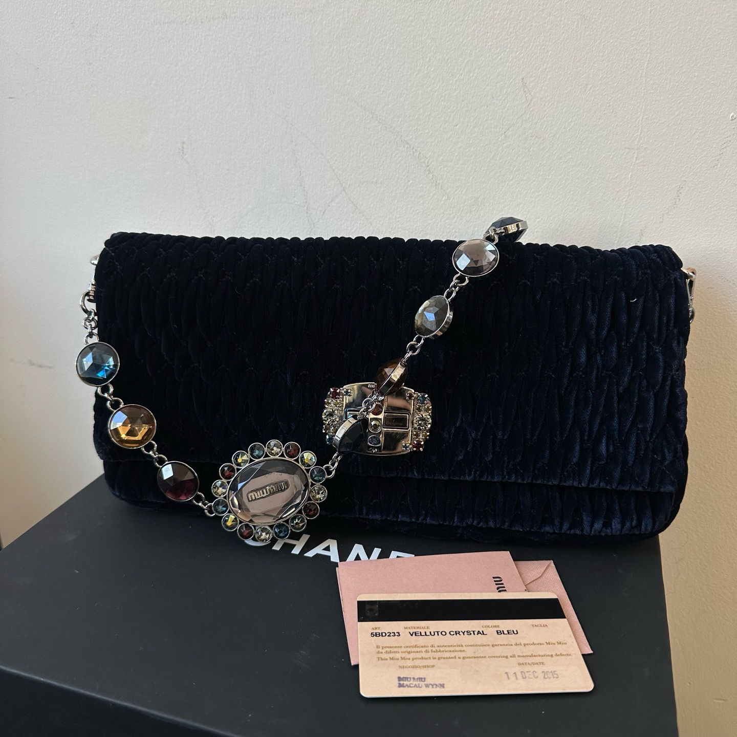 95新 MIU MIU/缪缪 缪缪miumiu  深蓝丝绒彩色宝石链条包