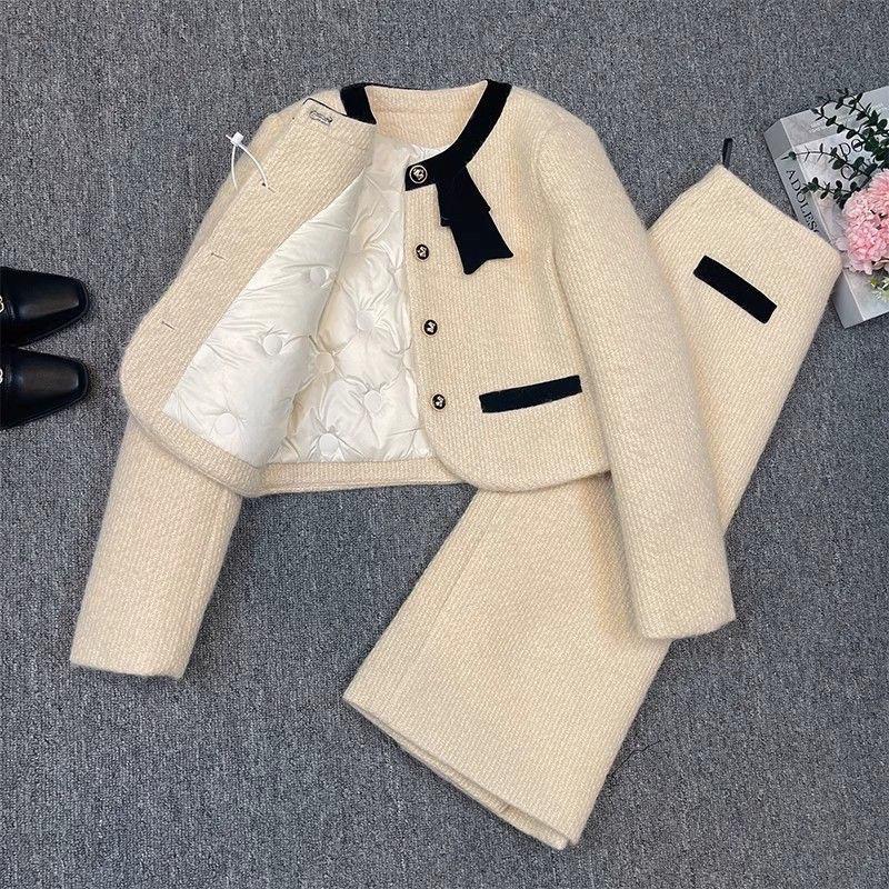 感小香风服套装女冬季2024新款蝴蝶结短外套半身裙两件套