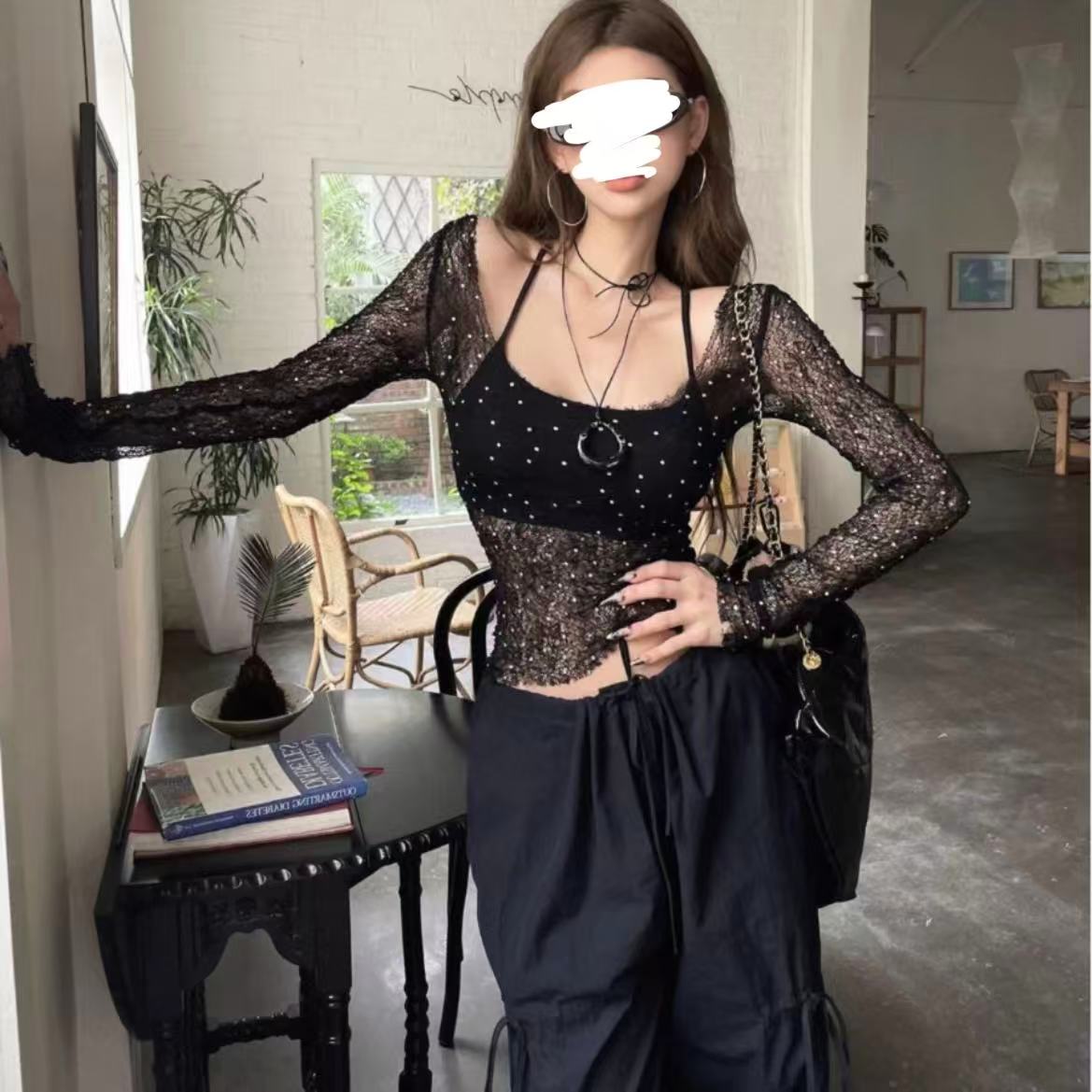 [胖鹅张]烫钻网纱透视空调罩衫上衣#6392[实物以直播间展示为准]