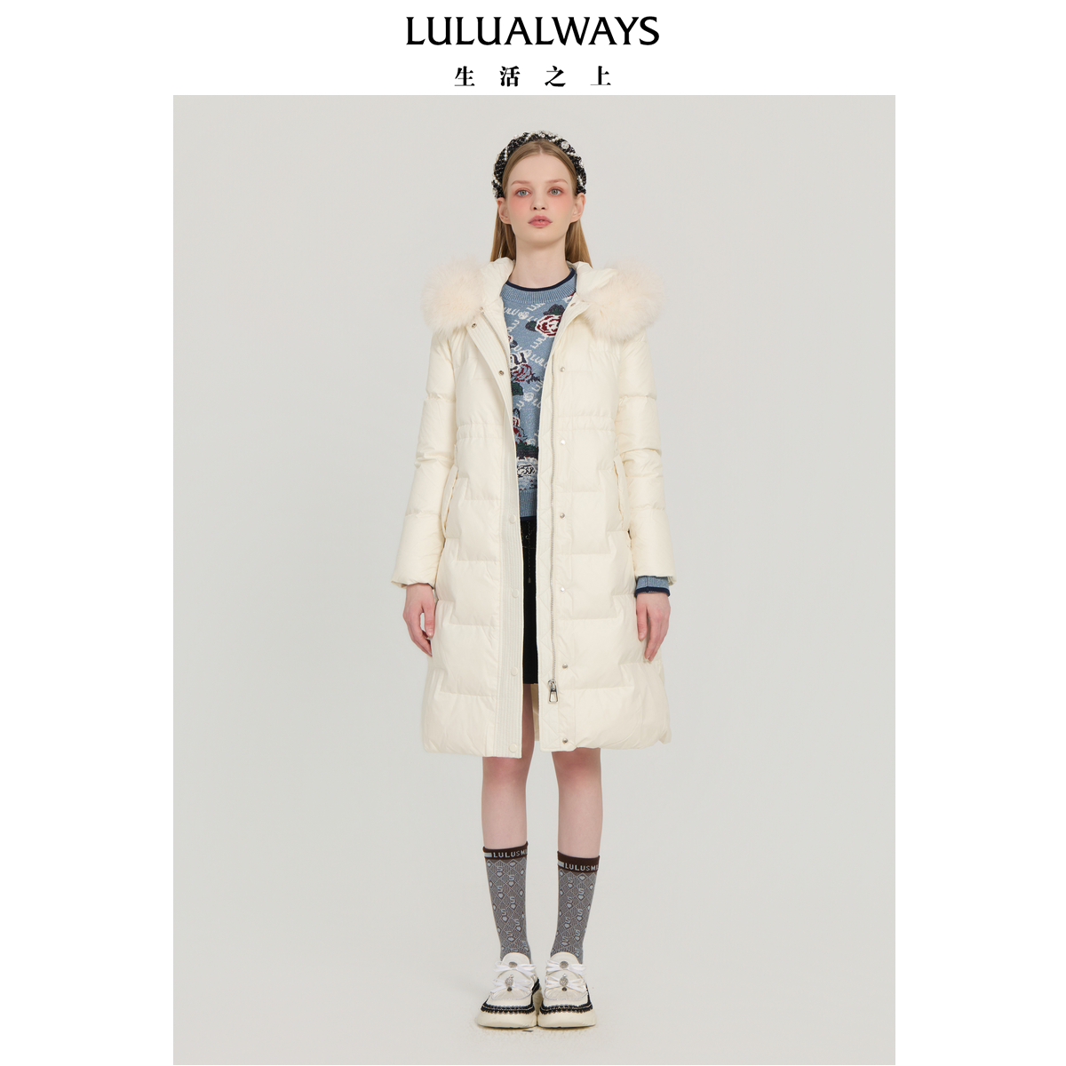 LULUALWAYS我爱露露25冬季新款时尚修身保暖腰带毛领长款女羽绒服